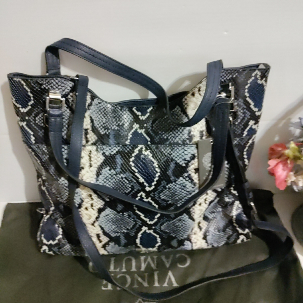 New Vince Camuto Snake Embossed Leather Tote -Emely BLUE MULTI RTL$242